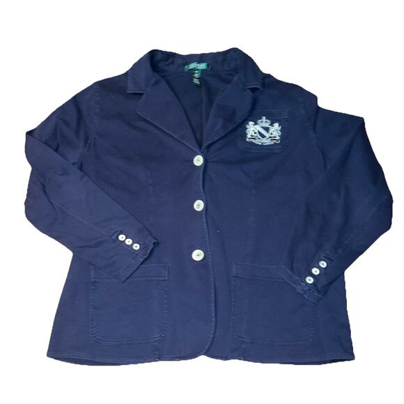 Lauren Ralph Lauren Cotton Knit Blazer Navy Silver Embroidered Crest 2X - Picture 1 of 6